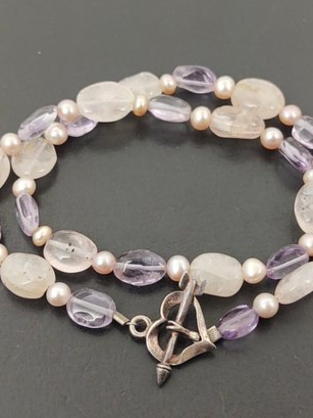 Vintage Sterling Silver Amethyst Rose Quartz & Pearl Bracelet